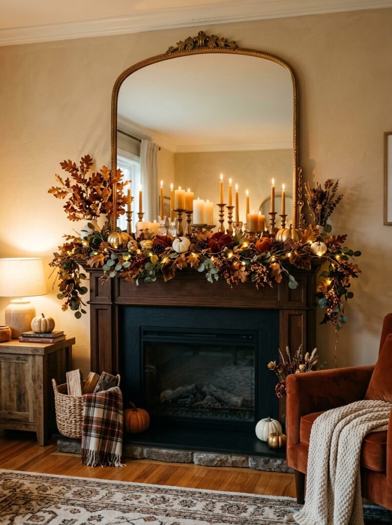gold mirror behind fall mantel 