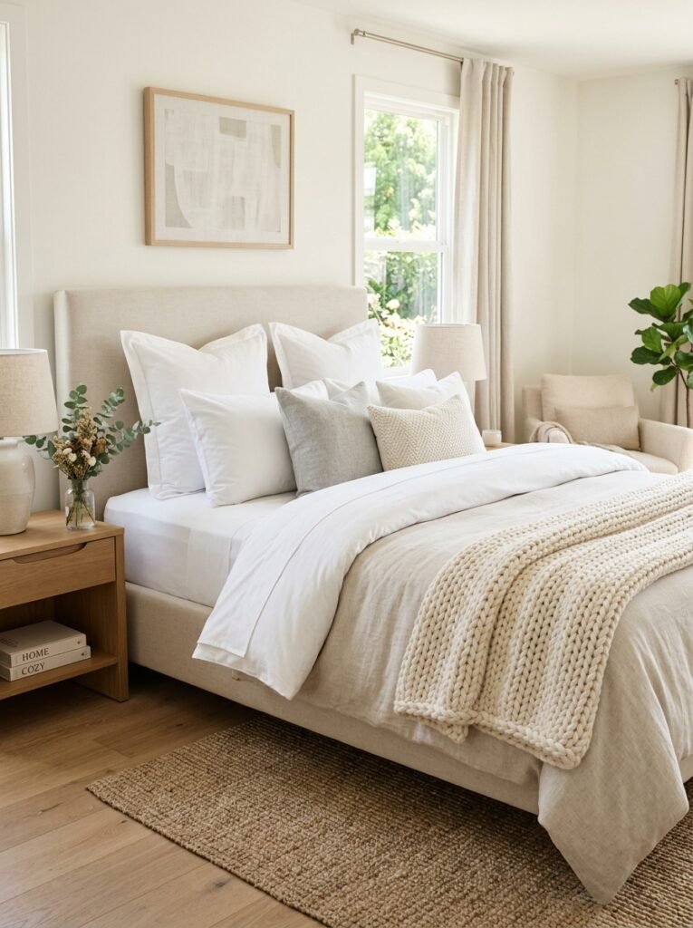 guest bed with layered bedding 