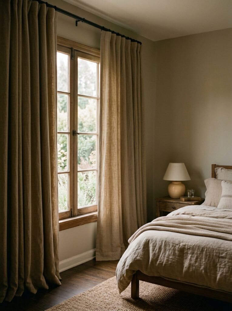 guest bedroom window with curtains 