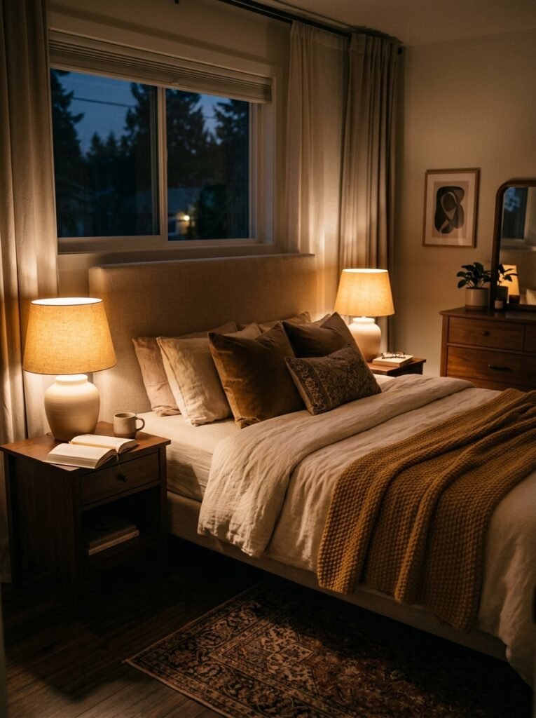 guest bedroom with glowing lamps 
