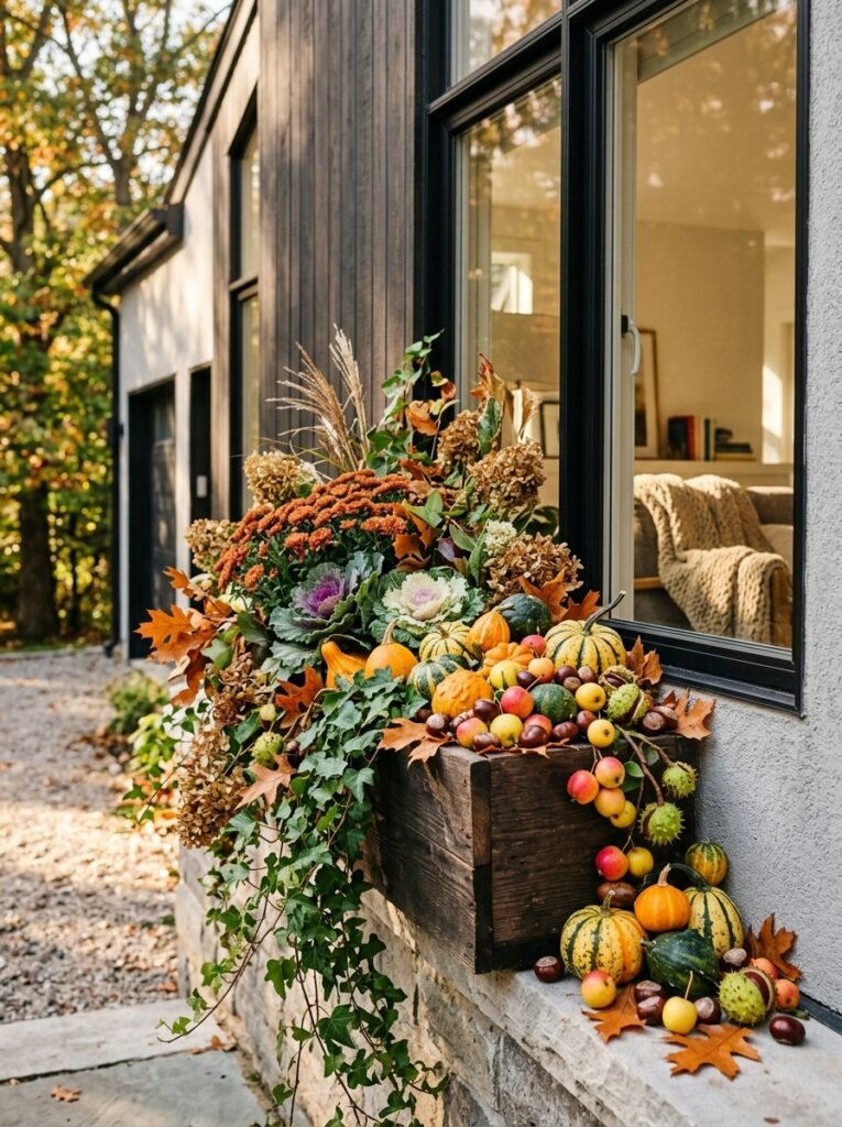 Abundant harvest style fall window planter spilling over with miniature pumpkins and gourds