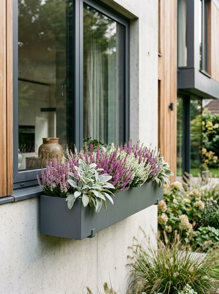 Moor inspired fall window box planter packed with pink and purple heather plants for a textured low maintenance autumn display.