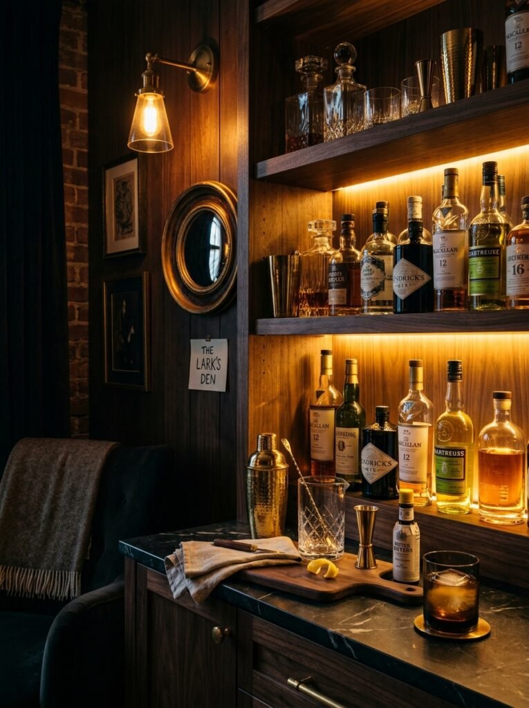 home bar corner warm lighting 