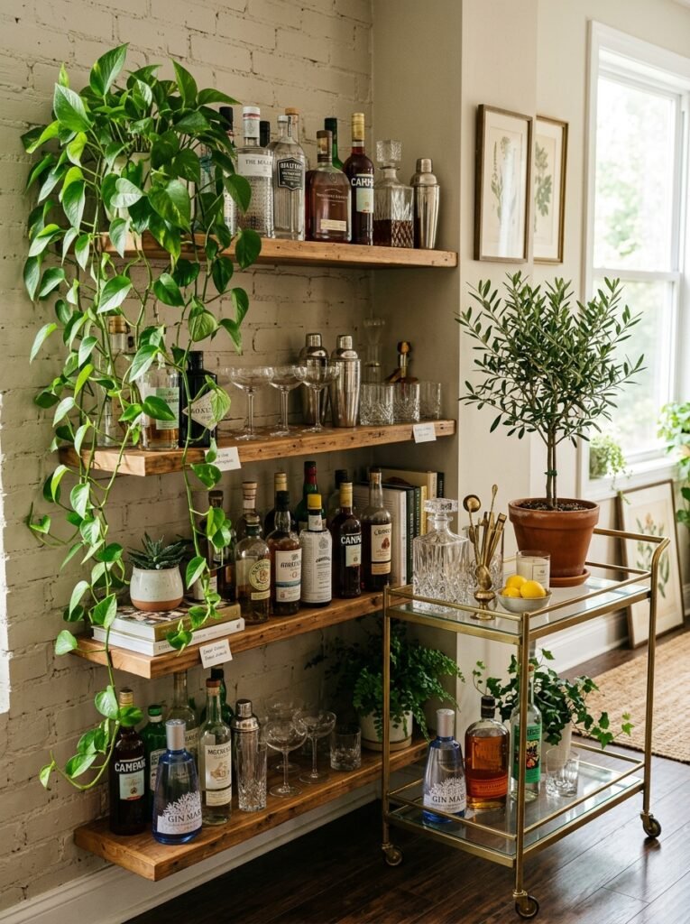 home bar shelf with plants 