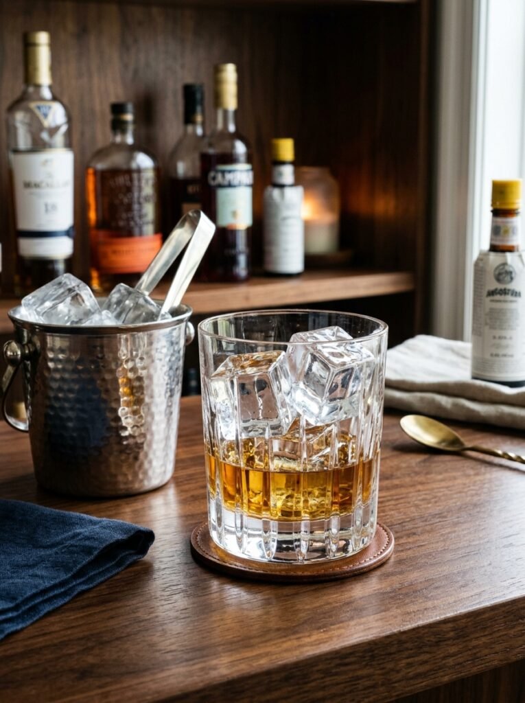 ice cubes in crystal glass 
