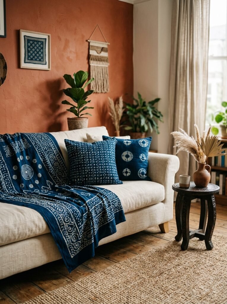 Indigo adire throw and cushions on a cream sofa in an afrohemian living room