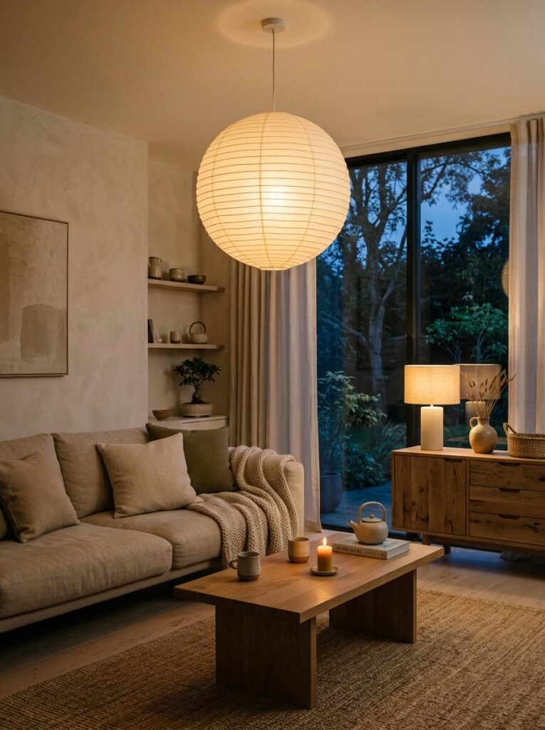 japandi living room at dusk 202607101945
