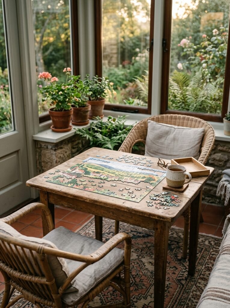 puzzle table by sunroom windows
