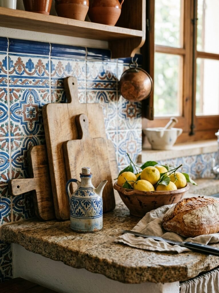 Olive oil cruet, wooden cutting boards and a bowl of lemons on a Spanish kitchen counter