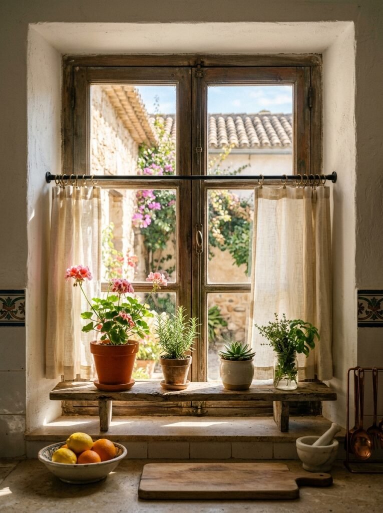 Spanish kitchen window with wood shelf and linen curtain