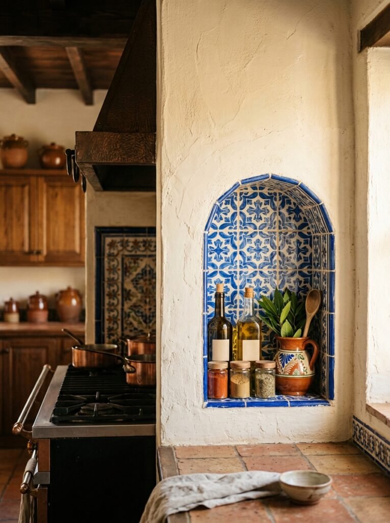 Tile-lined arched wall niche holding olive oil and spices in a Spanish style kitchen