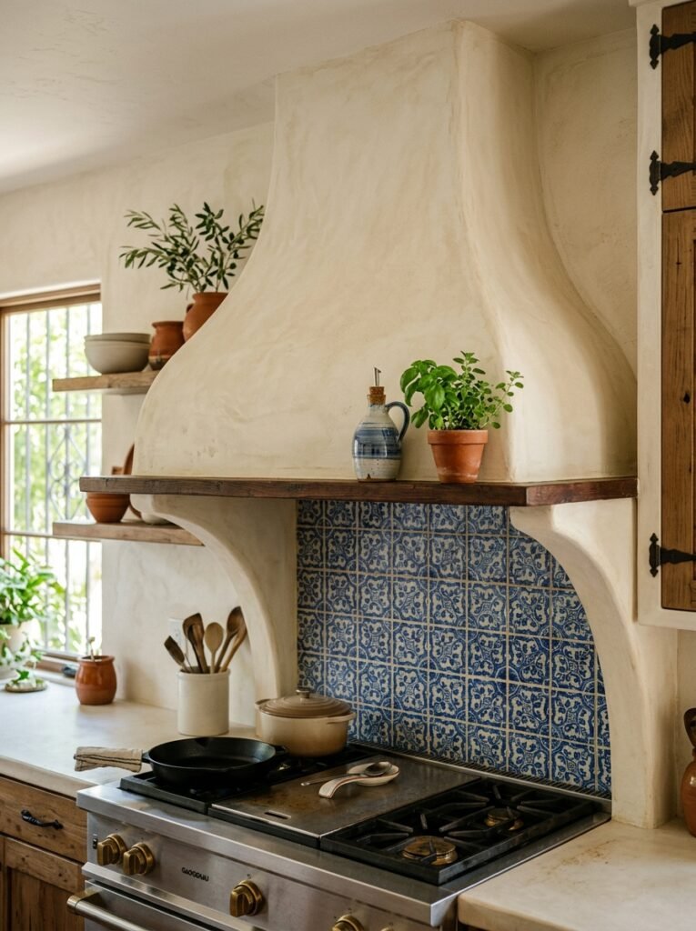 Curved plaster range hood with a wood ledge in a Spanish style kitchen