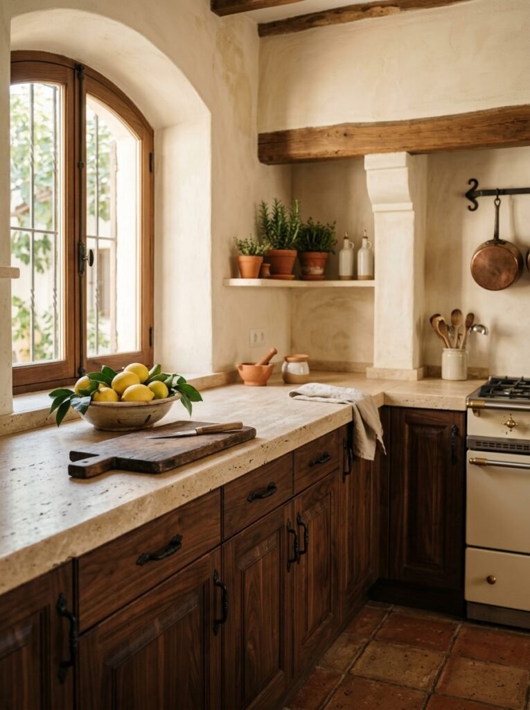 Dark walnut cabinets with honed travertine countertops in a Spanish style kitchen