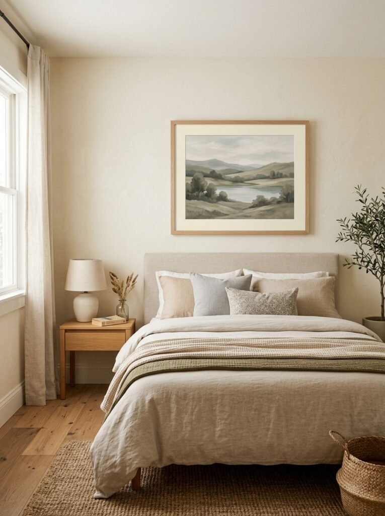 landscape print above bed 