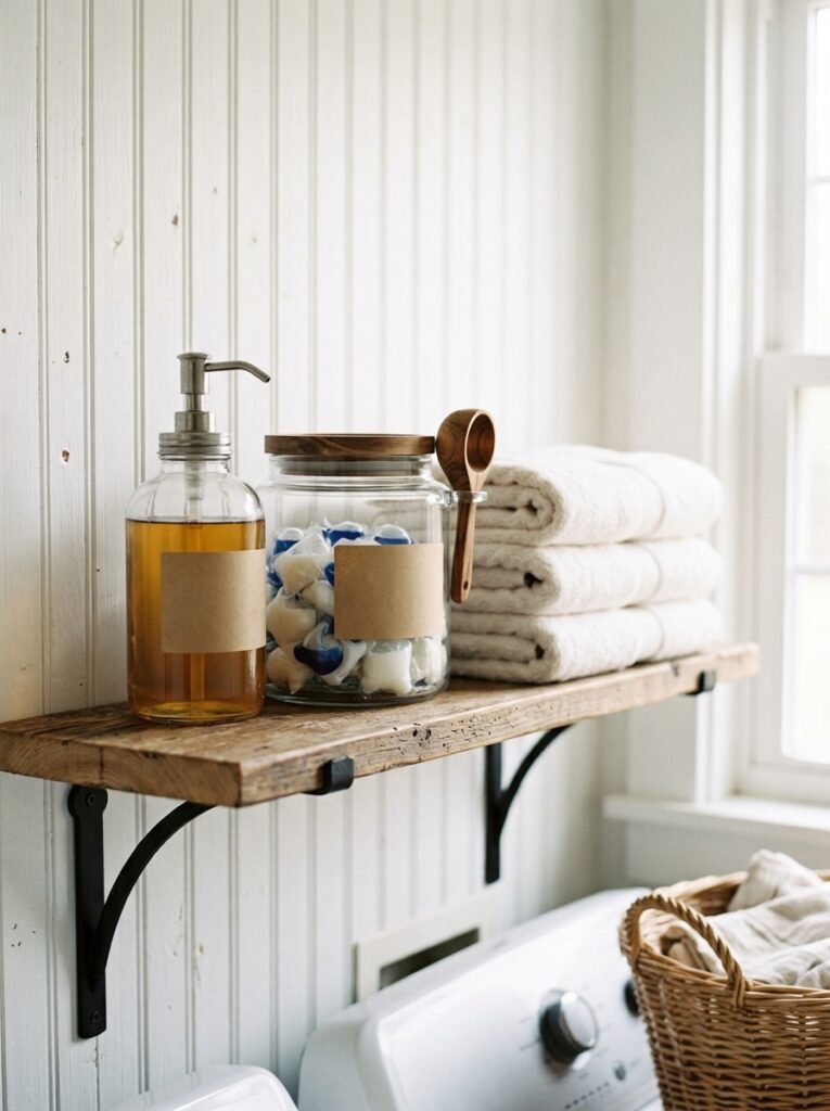 Glass detergent dispenser and jar of laundry pods on a wood shelf