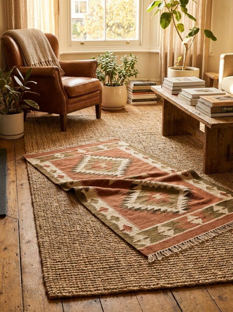 Layered jute and patterned flatweave rugs in a living room
