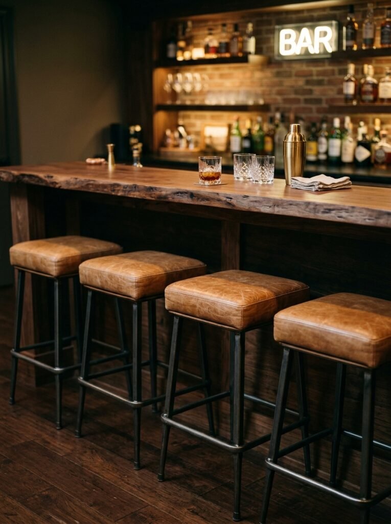Leather backless stools at a basement bar counter