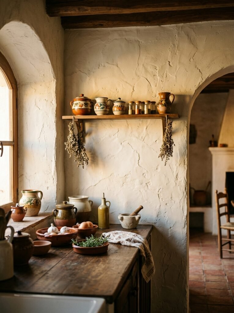 Limewash plaster textured walls in a Spanish style kitchen