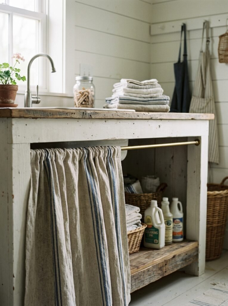 Grain sack linen skirt under a laundry room counter