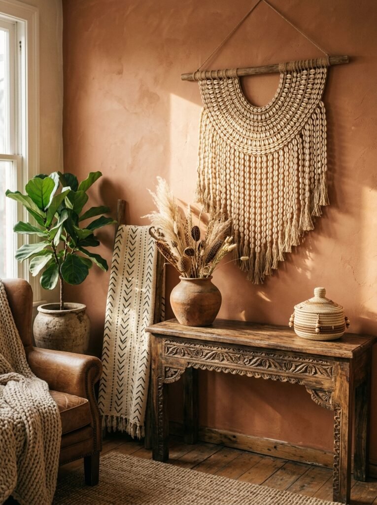 Sofa layered with mudcloth, wax print and solid pillows in an afrohemian living room