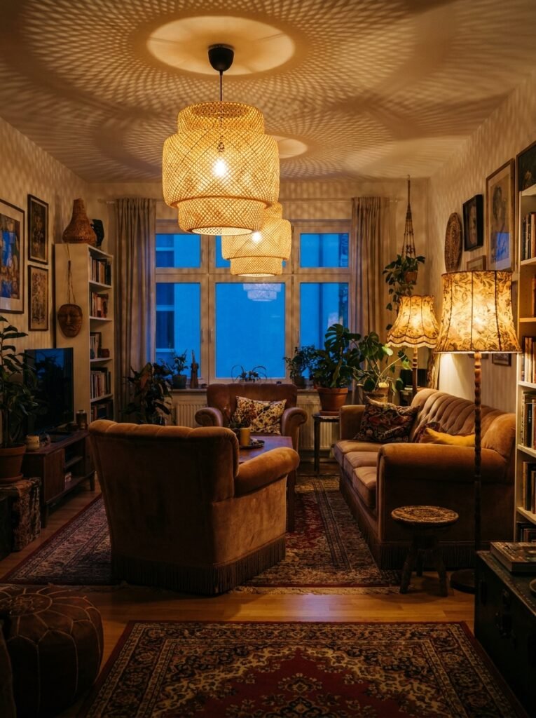 Rattan pendant and woven lamps glowing in an afrohemian living room at dusk