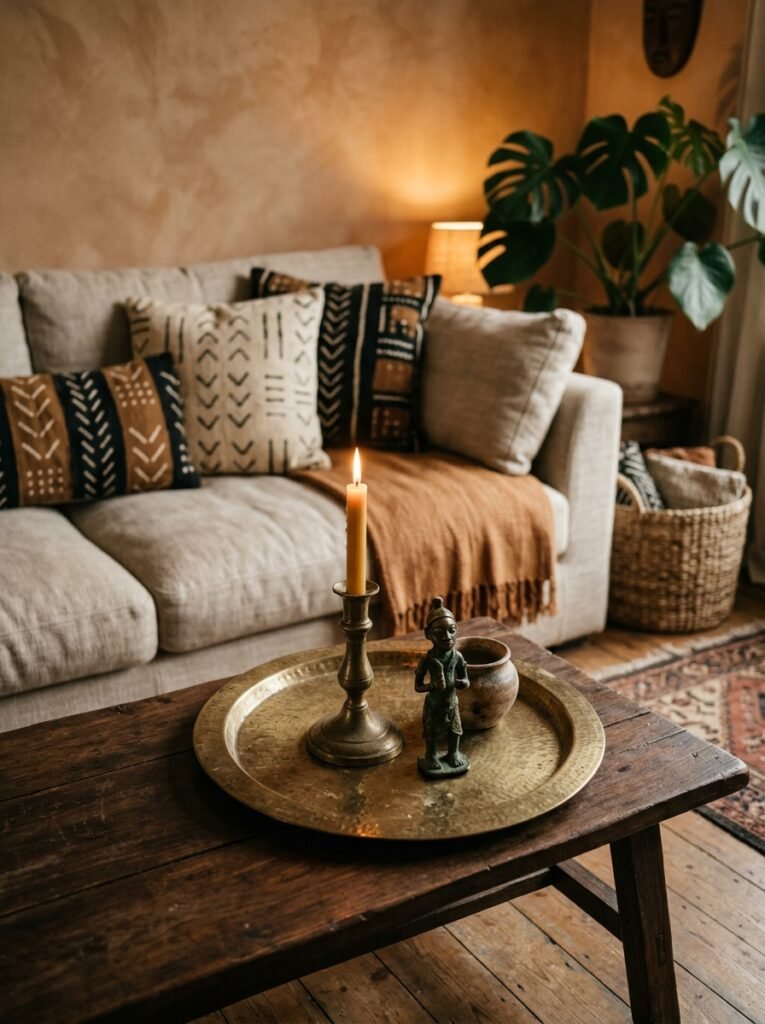 Hammered brass tray and bronze accents on an afrohemian living room coffee table