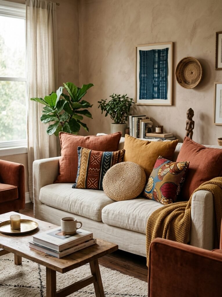 Cognac leather sling chair with a kente throw in an afrohemian living room