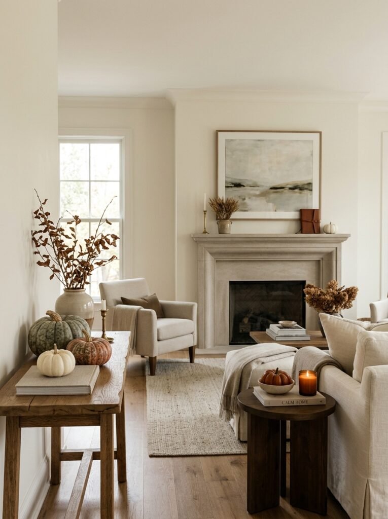 living room with styled fall pumpkins 
