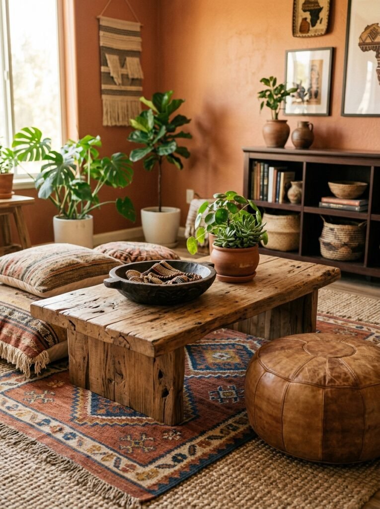 Low chunky wood coffee table surrounded by floor cushions in an afrohemian living room