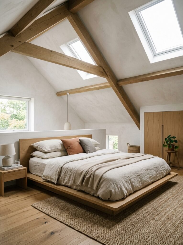 20 Sloped Ceiling Bedroom Ideas That Are Charming low platform bed attic bedroom
