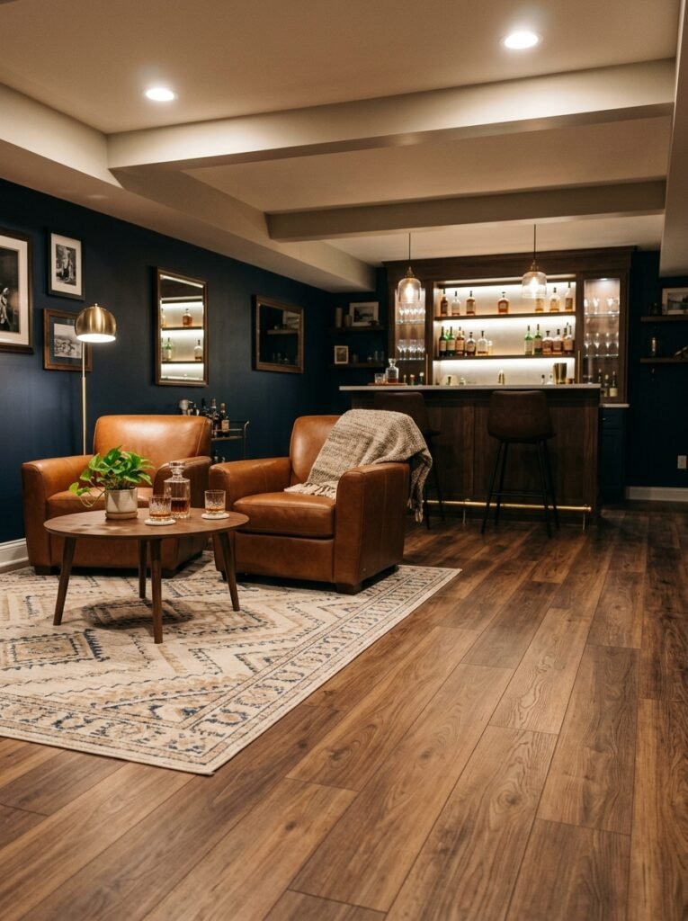 Vinyl plank flooring and rug in a basement bar area