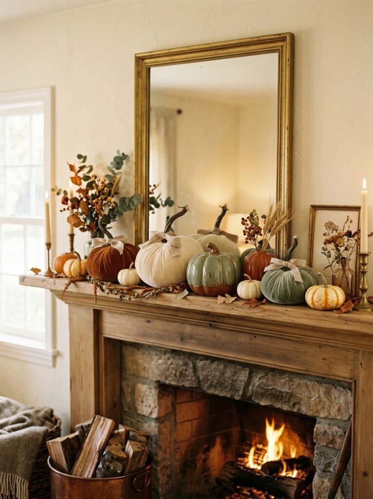 mantel lined with pumpkins 