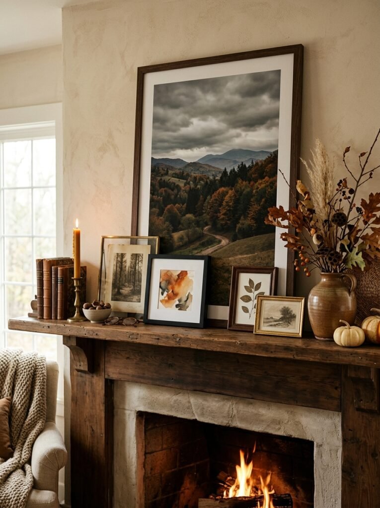 mantel with autumn landscape print 