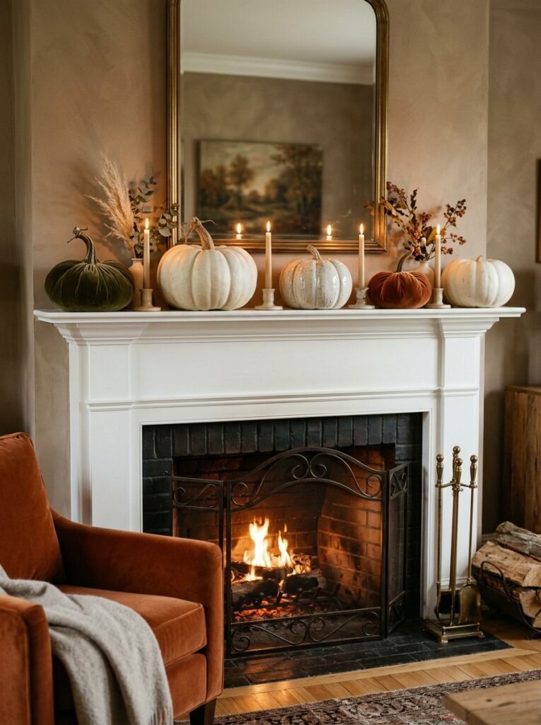 mantel with pumpkins and candlel… 