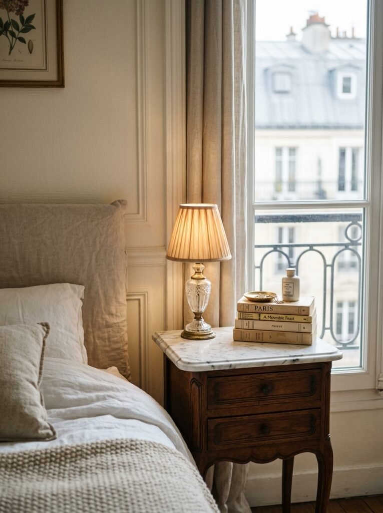 Marble-topped vintage nightstand with lamp and stacked books