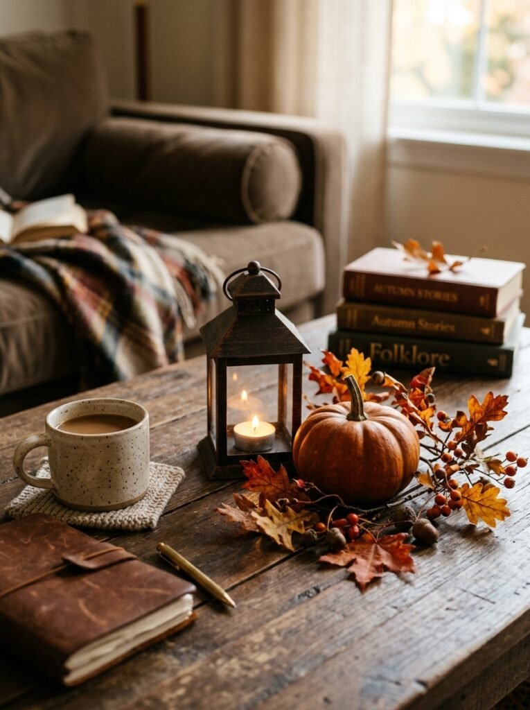 Mini fall vignette with lantern and tiny pumpkin on a coffee table