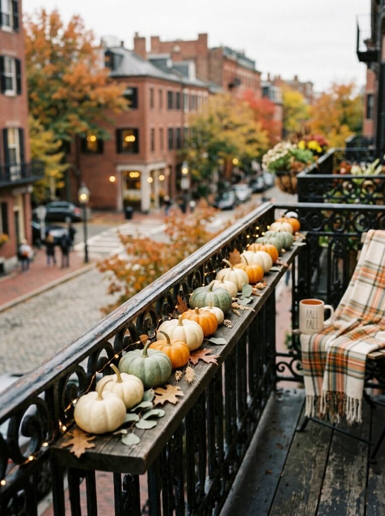 mini pumpkins on balcony railing 