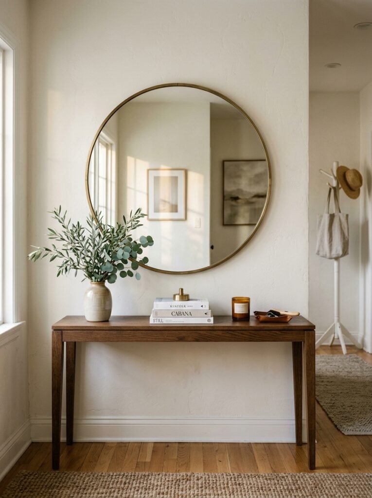 Round mirror above a rectangular entryway console