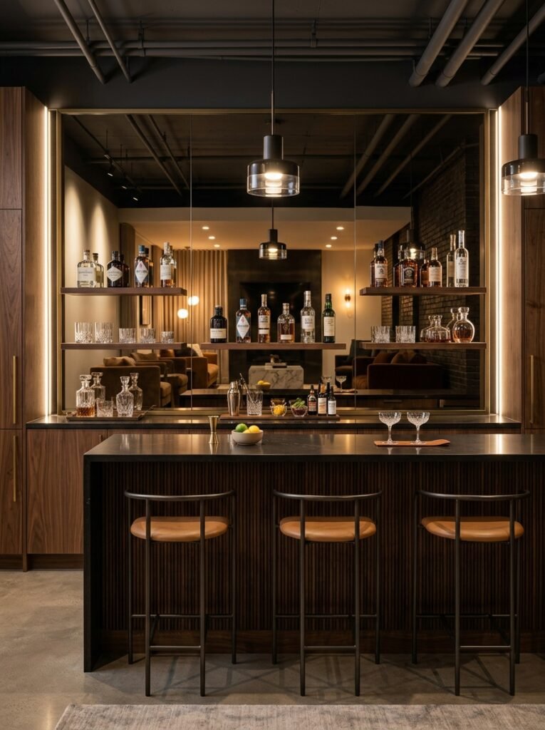 Mirror panel behind basement bar 