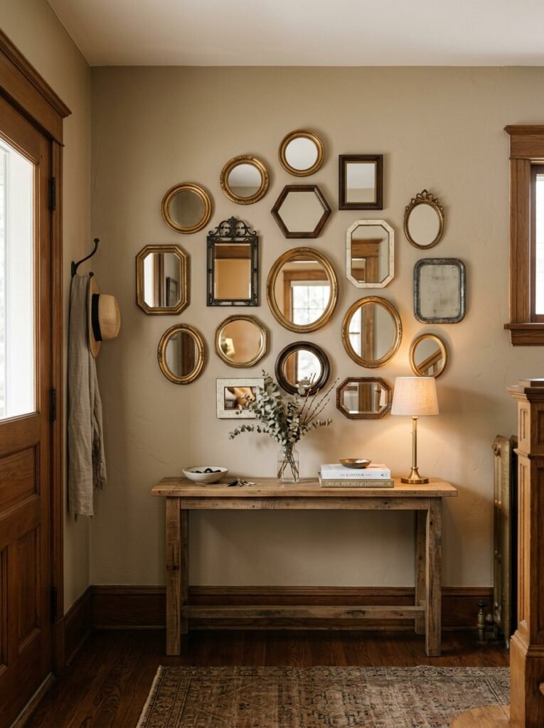 Cluster of small mirrors on an entryway wall