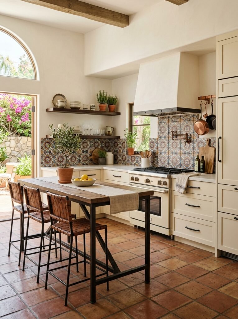 Modern Spanish style kitchen with cream cabinets and patterned tile