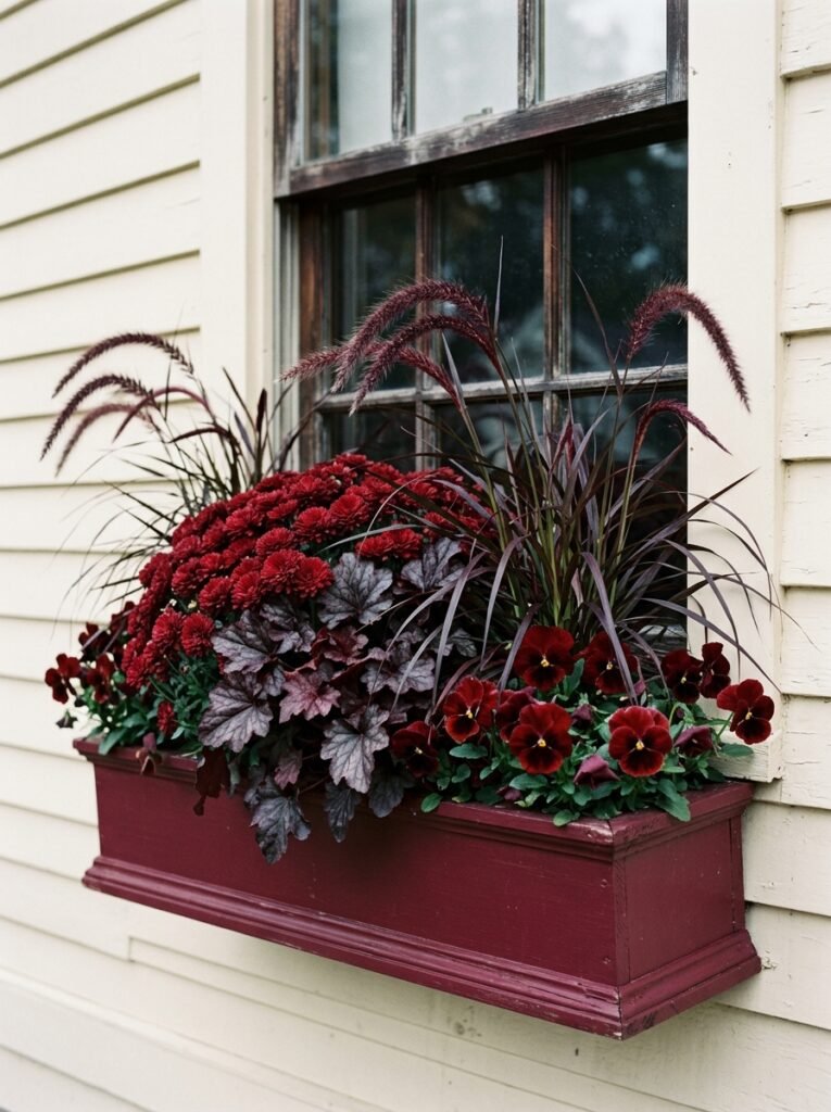 Monochromatic burgundy autumn window display featuring deep plum foliage purple pansies and dark coral bells.