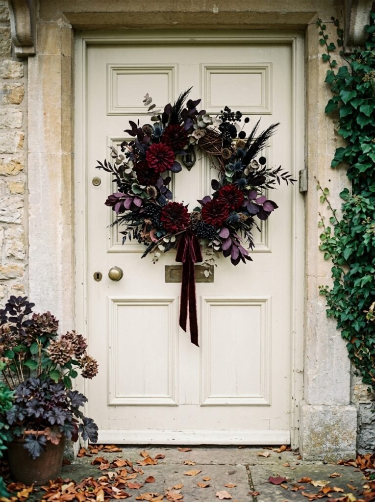 moody fall wreath with dahlias 