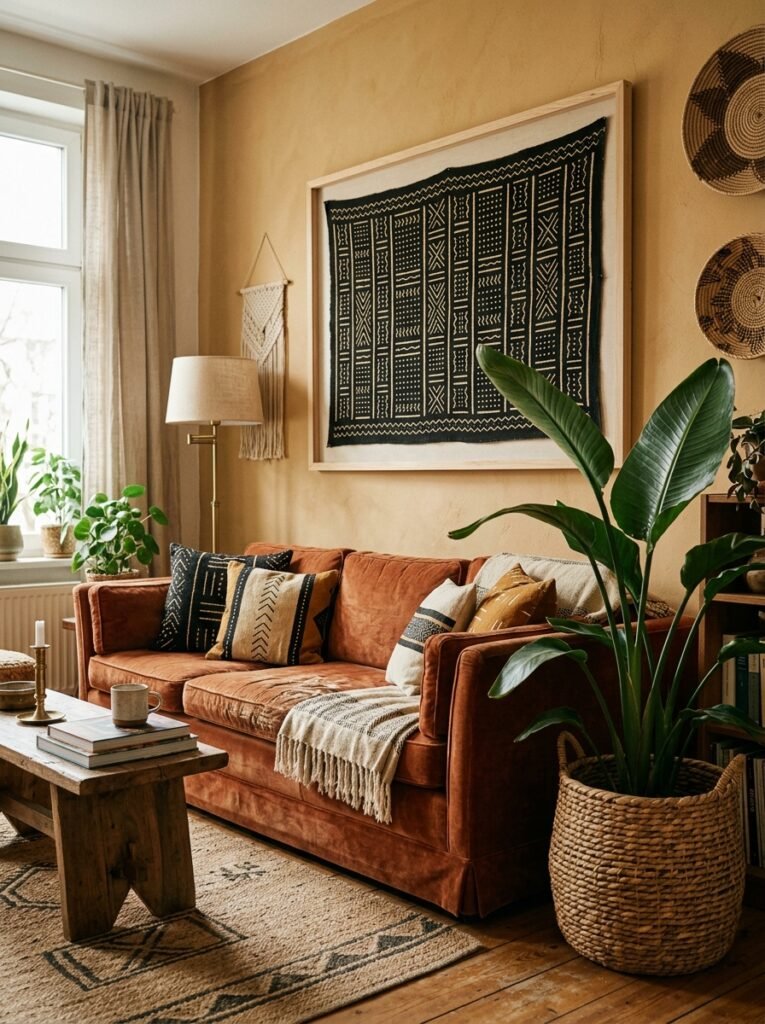 Framed mudcloth textile panel hung above a sofa in an afrohemian living room