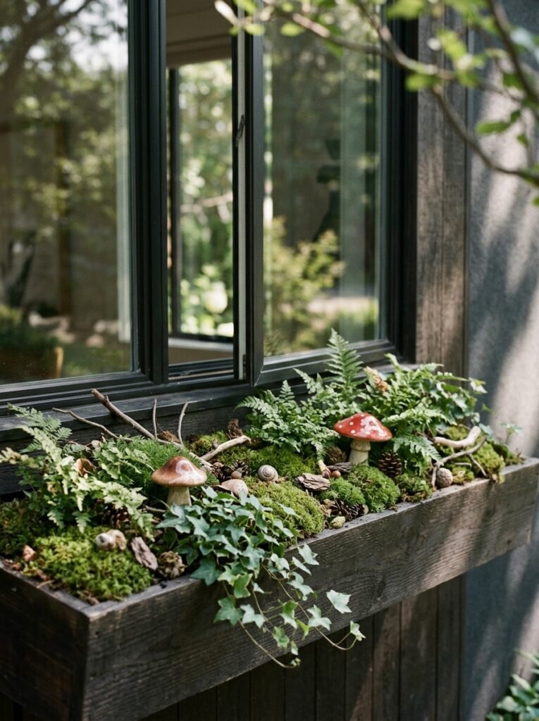 Whimsical fall window display featuring decorative wooden mushrooms mossy branches and wild ferns.