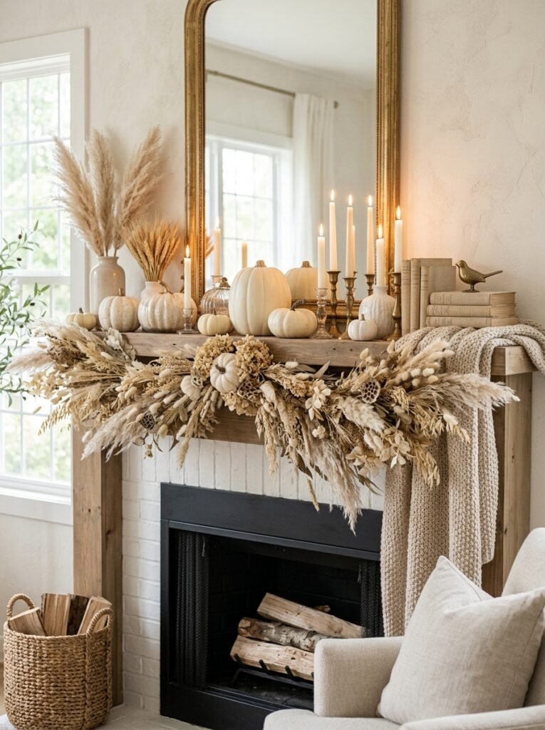 neutral fall mantel cream pumpkins 