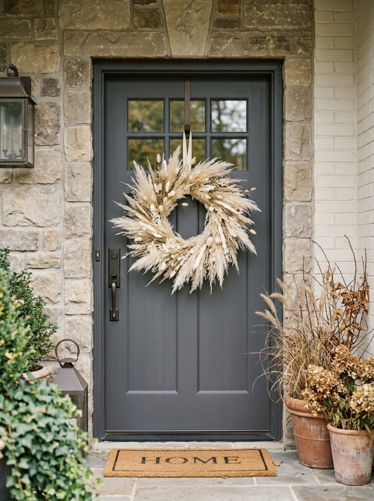 neutral wreath on front door 