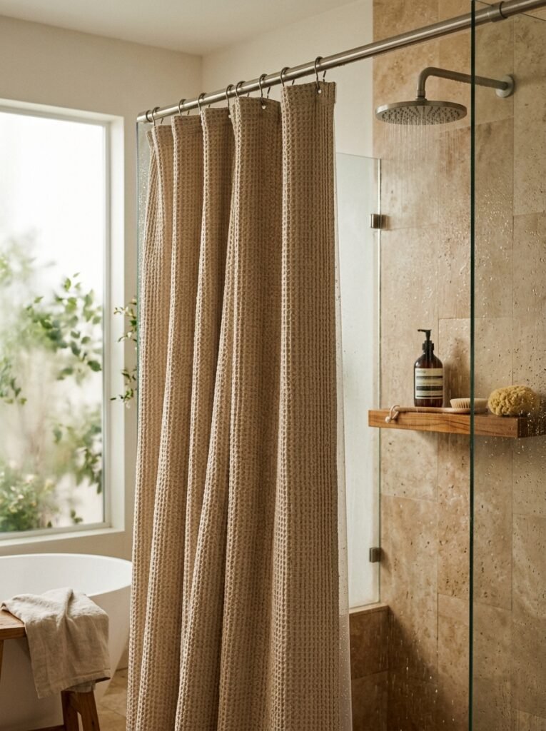 Oatmeal waffle-textured shower curtain in a warm bathroom