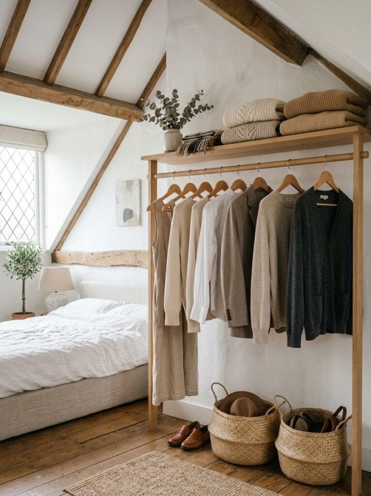 20 Sloped Ceiling Bedroom Ideas That Are Charming open clothes rail attic bedroom