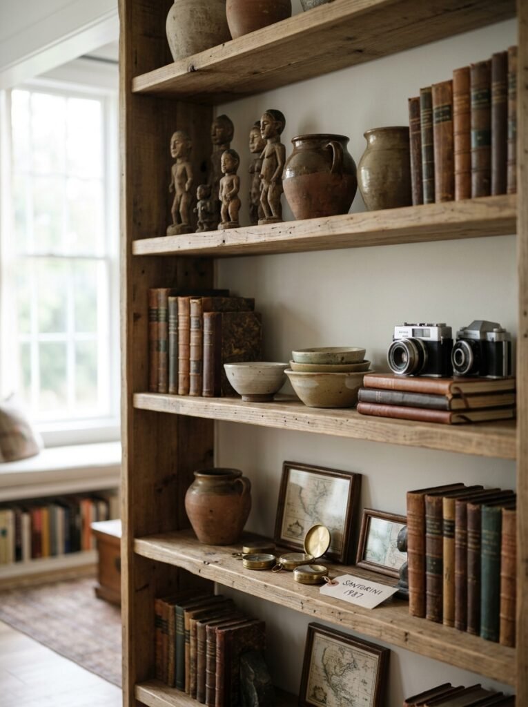 Open shelving styled with carved figures, pottery and books